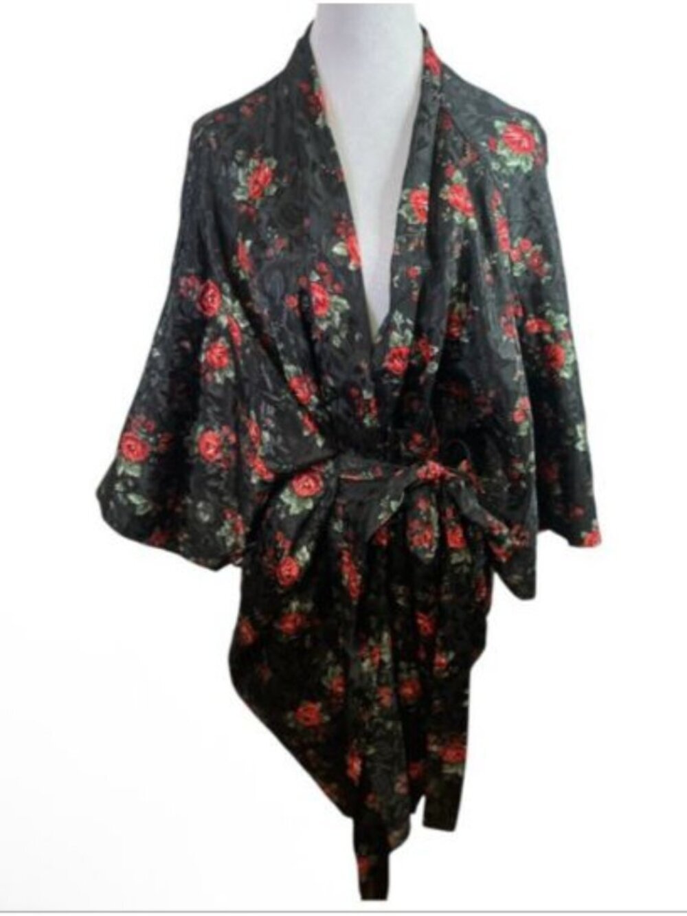 Vintage Gloria Vanderbilt 1980s Robe Rose Belted Jacquard Kimono Sz One Size